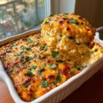 A spoonful of hot, cheesy street corn dip being lifted from a white baking dish topped with melted cheese and cilantro.