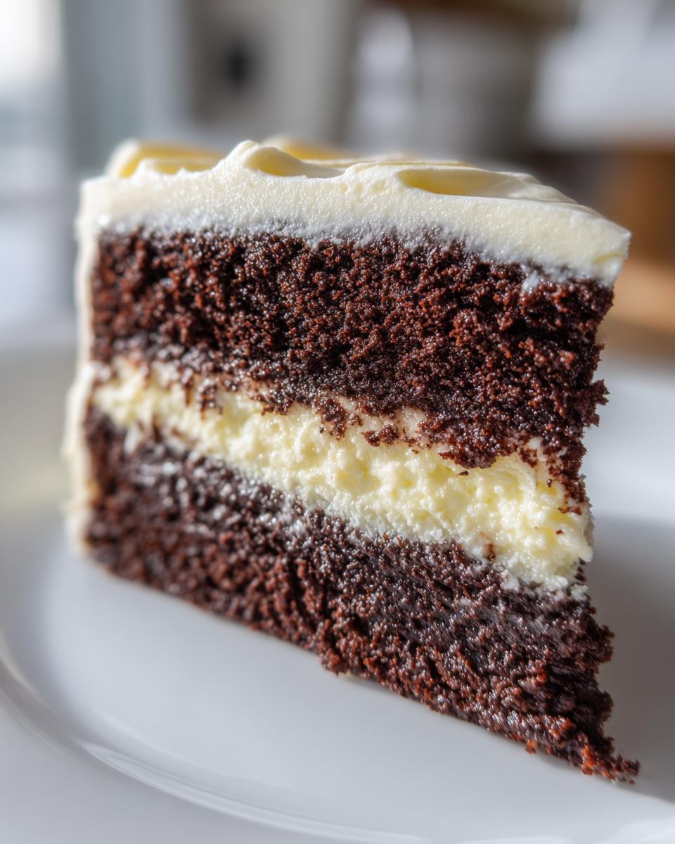 Close-up of a slice of rich, dark chocolate Italian love cake featuring a thick layer of creamy filling.