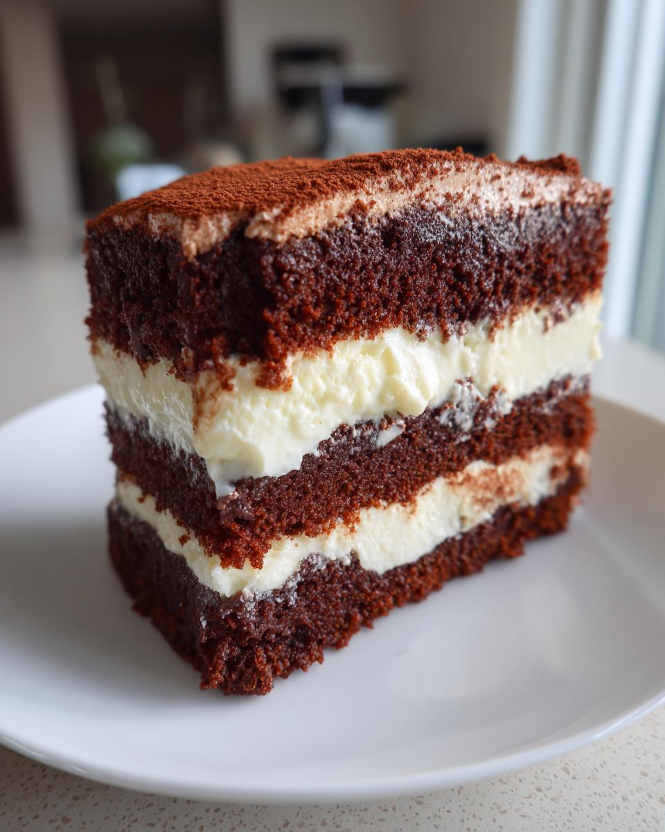 Close-up of a rich slice of amazing italian love cake featuring three dark layers and two layers of white cream filling, dusted with cocoa.