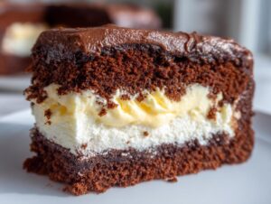 A close-up slice of amazing italian love cake showing three layers: dark chocolate cake, creamy vanilla filling, and white cream filling, topped with chocolate frosting.