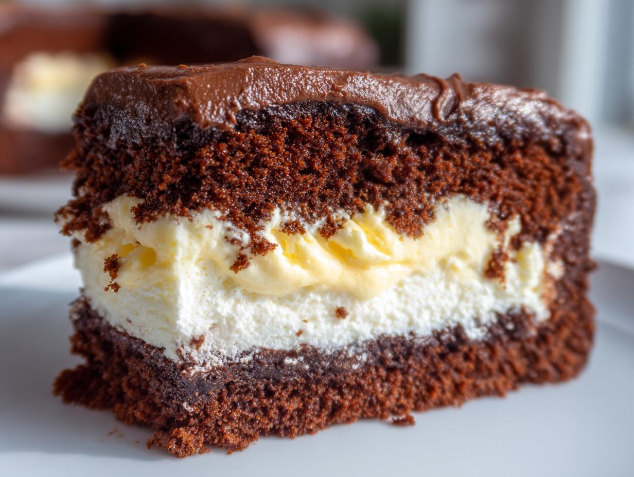 A close-up slice of amazing italian love cake showing three layers: dark chocolate cake, creamy vanilla filling, and white cream filling, topped with chocolate frosting.