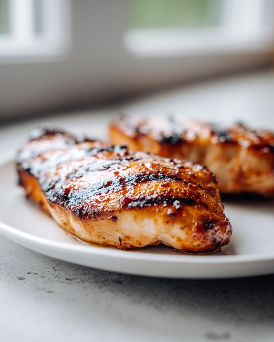 Close-up of two grilled chicken breasts showing dark grill marks, indicating a successful chicken marinade.