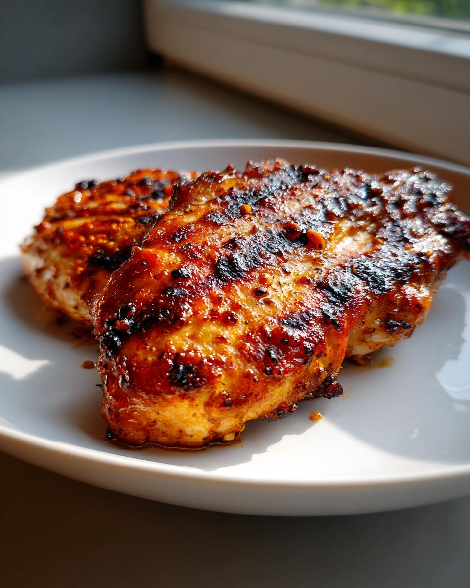 Two pieces of grilled, caramelized chicken breast showing char marks, likely prepared with an amazing chicken marinade.