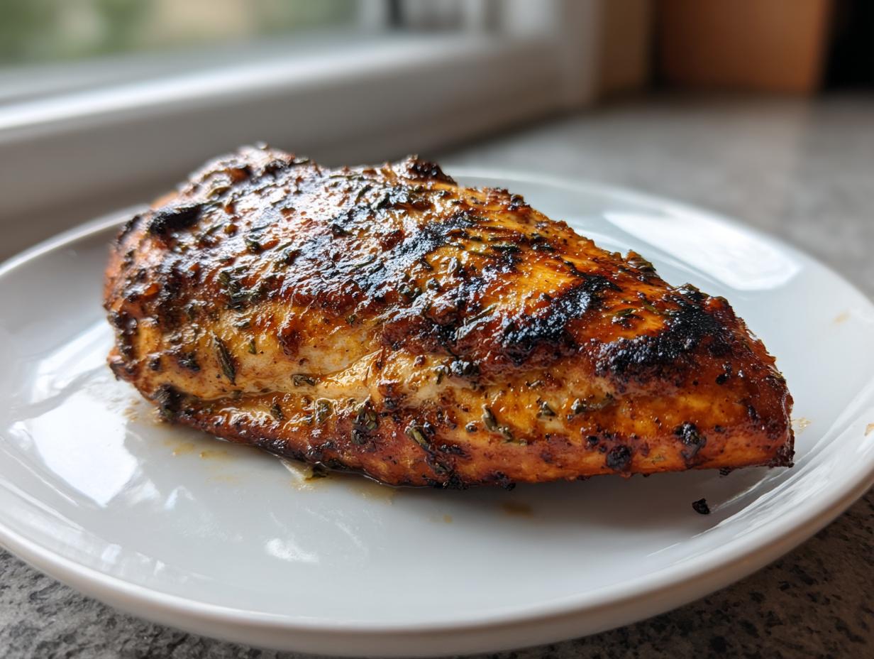 Close-up of a perfectly grilled, juicy chicken breast coated in a savory chicken marinade, resting on a white plate.