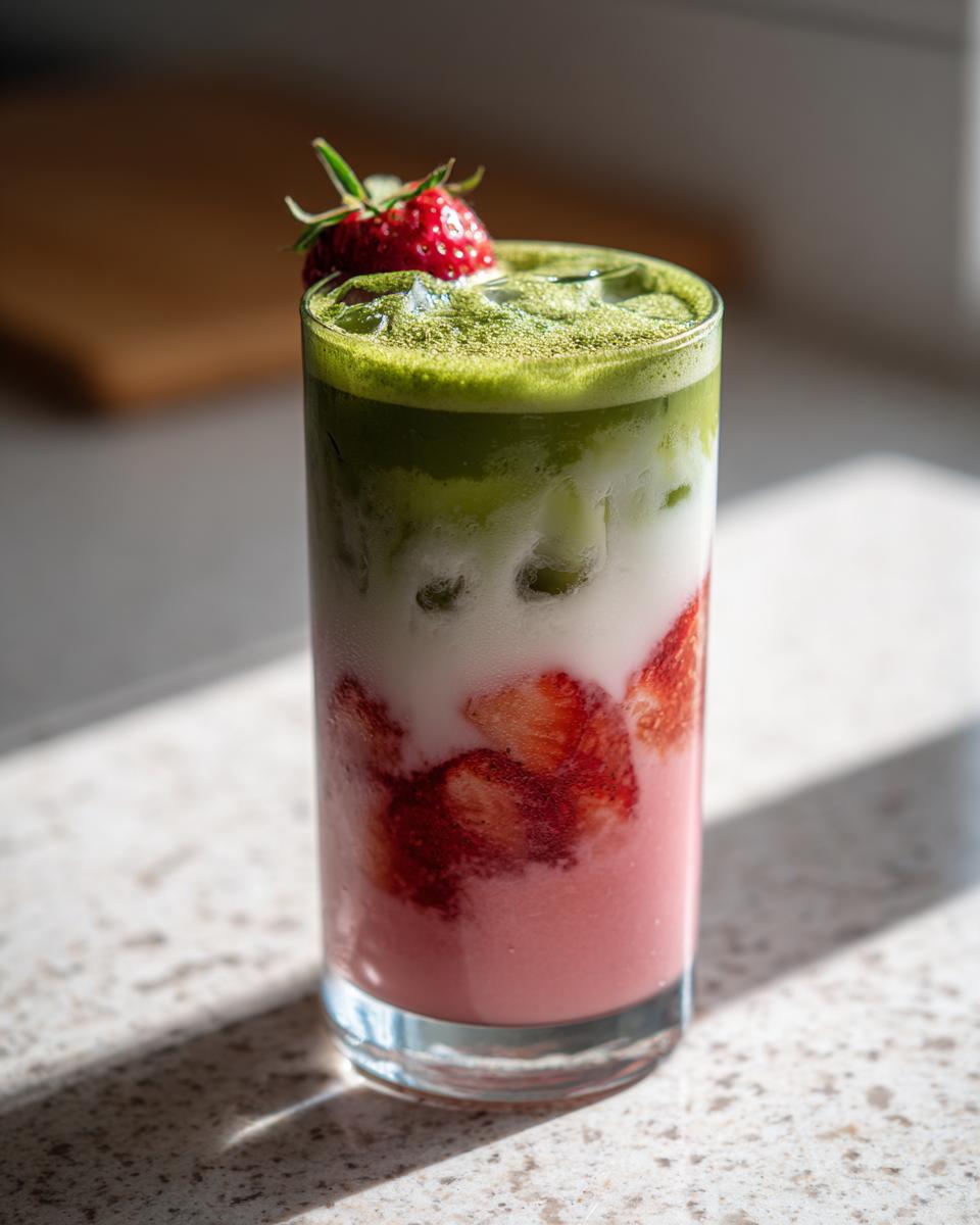 Close-up of a layered strawberry matcha drink showing pink strawberry puree, white milk, and green matcha tea, topped with ice and a fresh strawberry.
