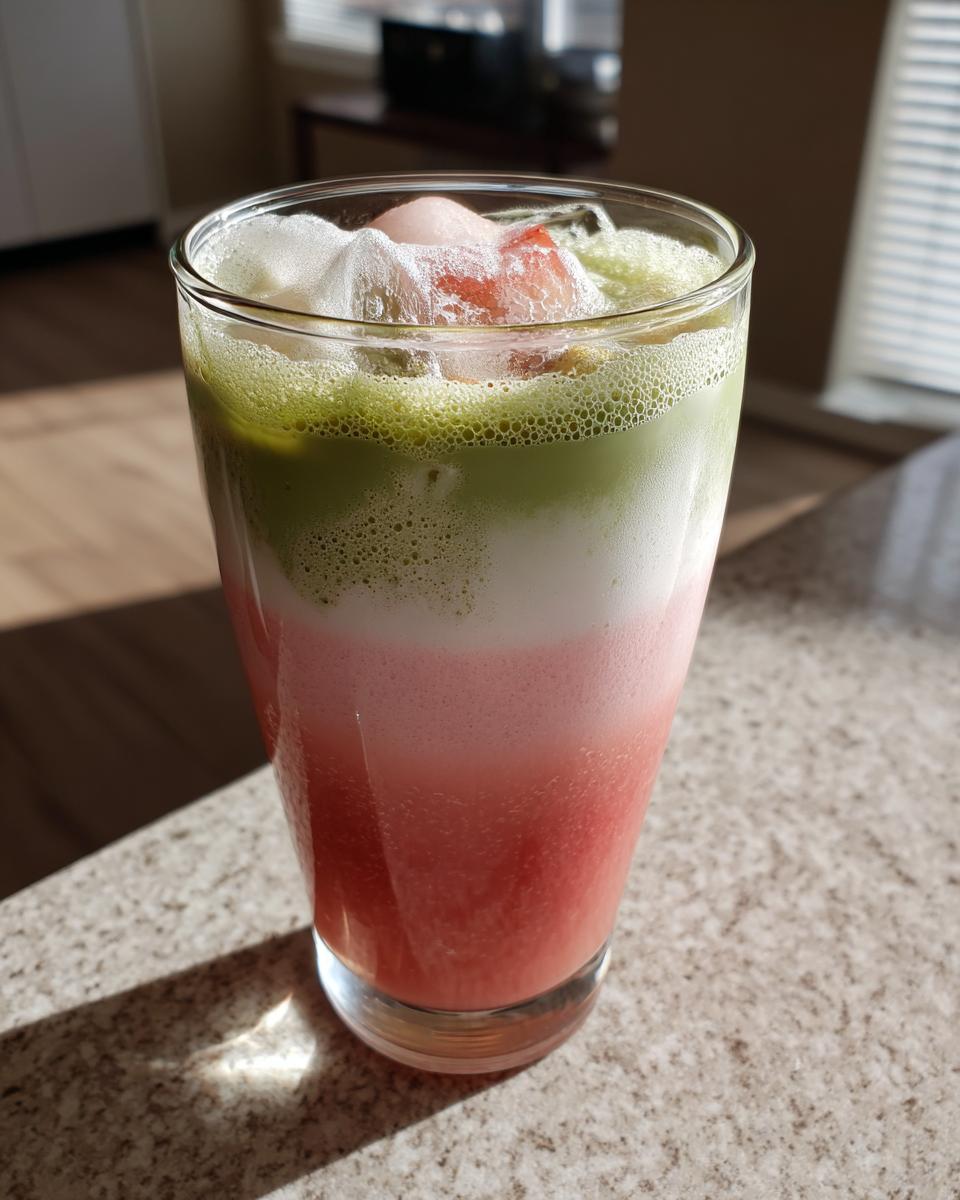 Close-up of a tall glass containing a layered strawberry matcha drink with pink, white, and green layers, topped with ice.