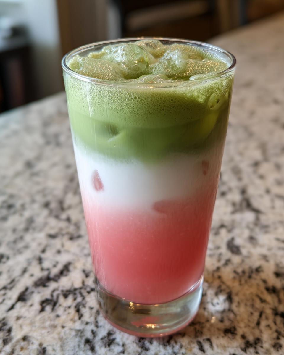 Close-up of a refreshing, layered strawberry matcha drink with pink, white, and green layers over ice.