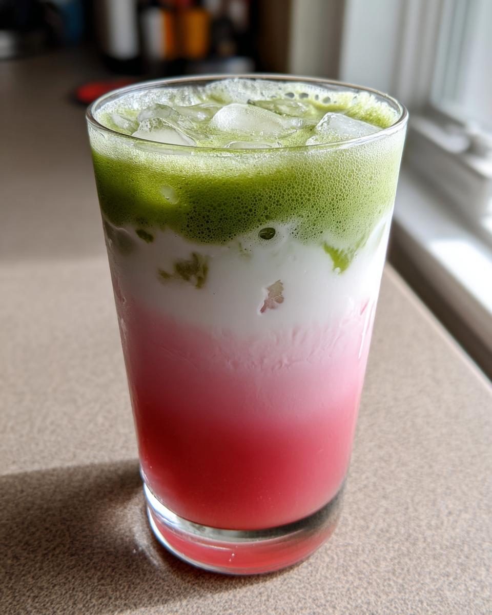 Close-up of a layered strawberry matcha drink showing bright pink, white milk, and green matcha layers over ice.