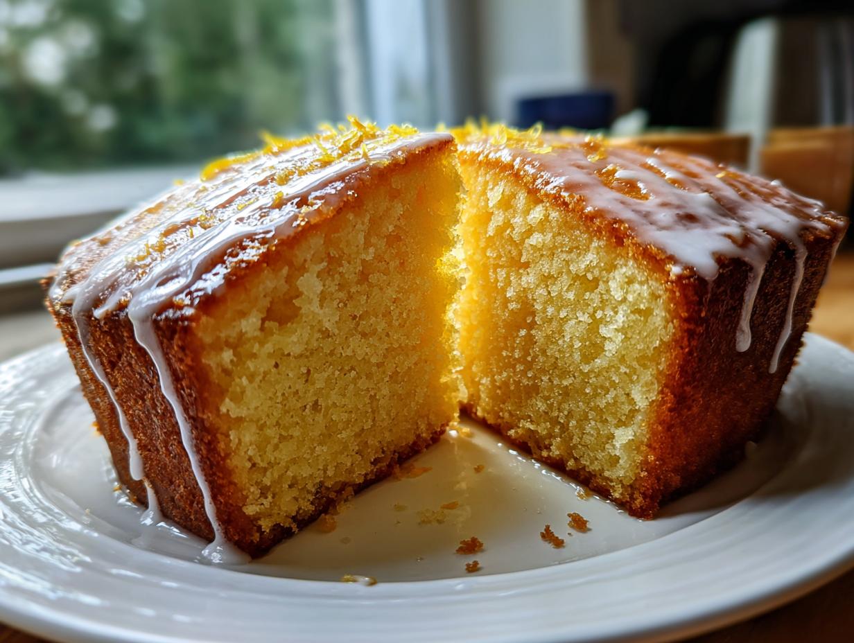 Close-up of a moist lemon olive oil cake, cut in half, showing the crumb texture and white glaze dripping down the sides.
