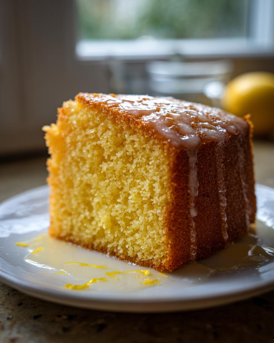 Close-up of a moist slice of lemon olive oil cake drizzled with a thin glaze, sitting on a white plate.