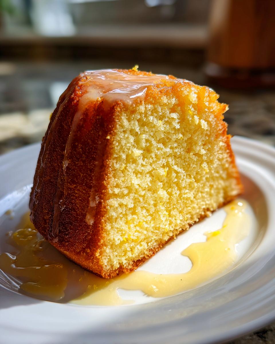 Close-up of a moist slice of lemon olive oil cake topped with a sweet glaze, resting on a white plate.