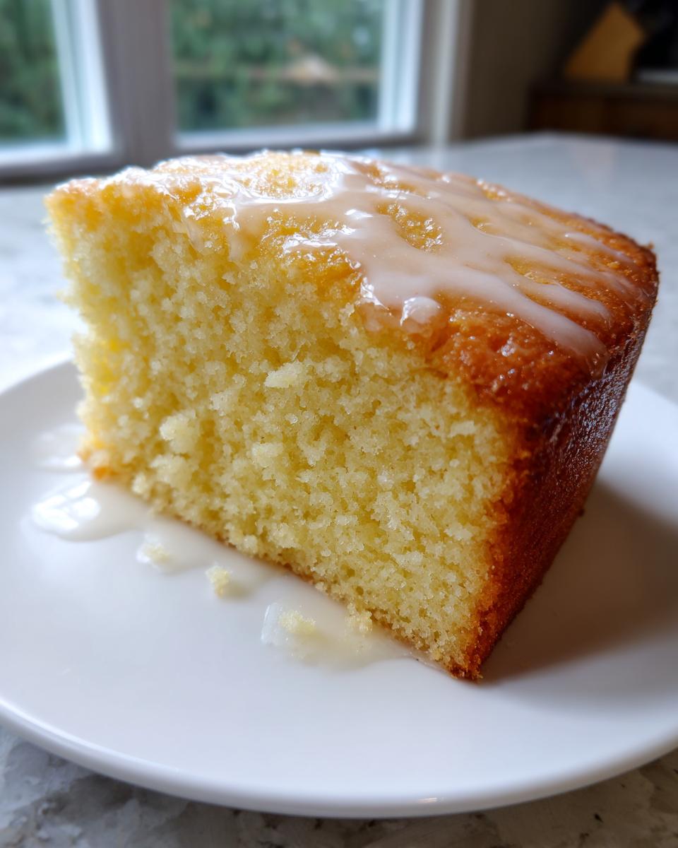 A close-up of a moist slice of lemon olive oil cake topped with a thin, white glaze, sitting on a white plate.