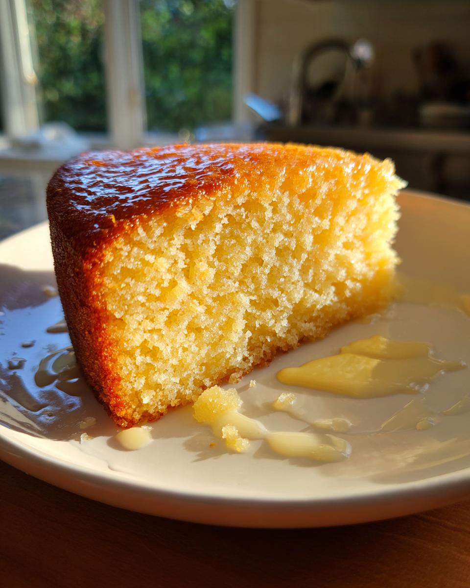 A close-up of a moist slice of bright yellow lemon olive oil cake with a shiny glaze, sitting on a white plate.