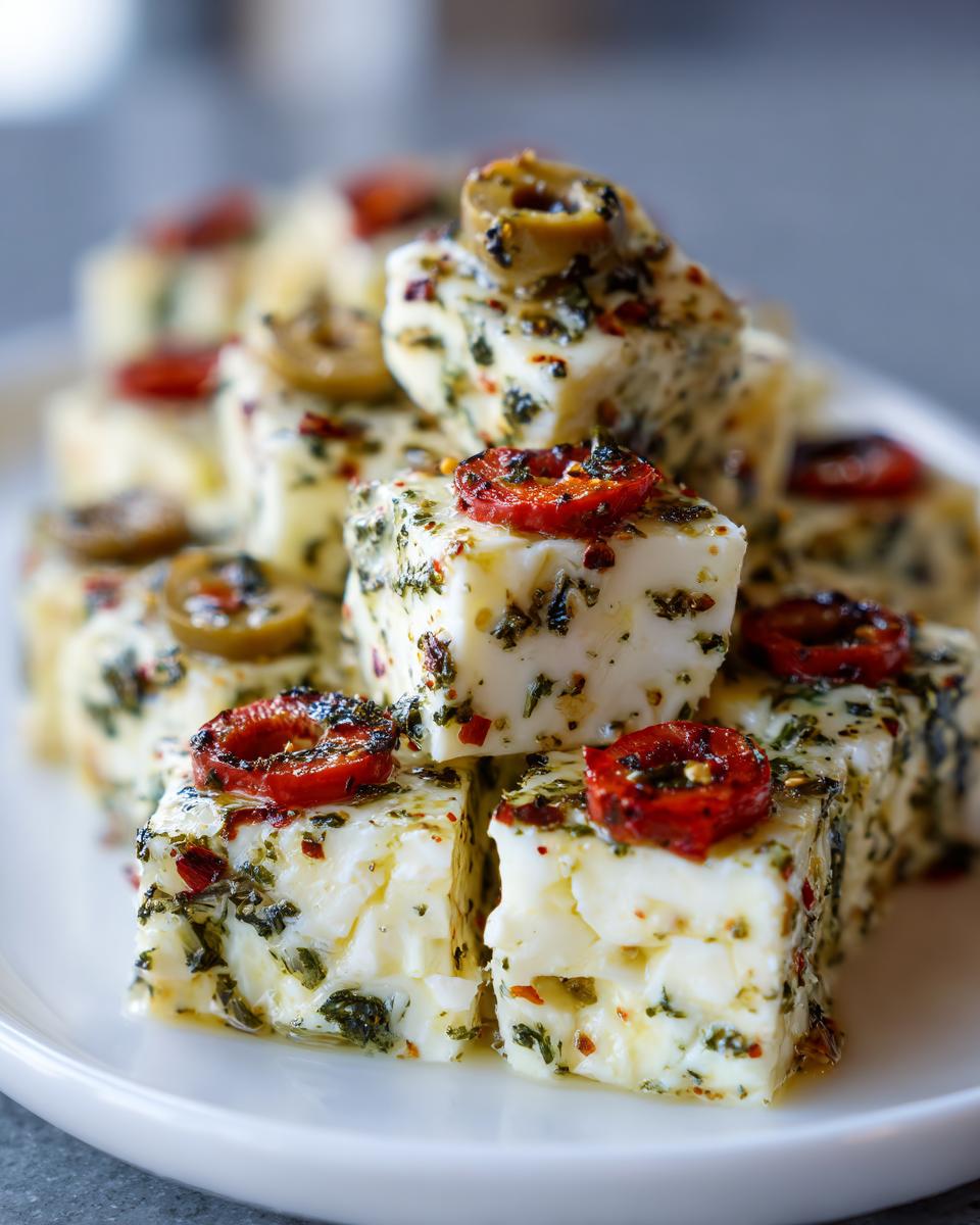 Close-up of cubes of marinated cheese seasoned with herbs, topped with sun-dried tomatoes and olives.