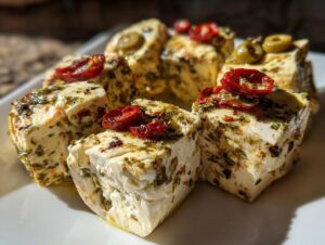 Close-up of several cubes of creamy marinated cheese, seasoned with herbs and topped with sun-dried tomatoes and olives.