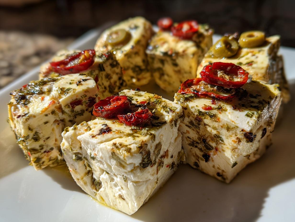 Close-up of several cubes of creamy marinated cheese, seasoned with herbs and topped with sun-dried tomatoes and olives.
