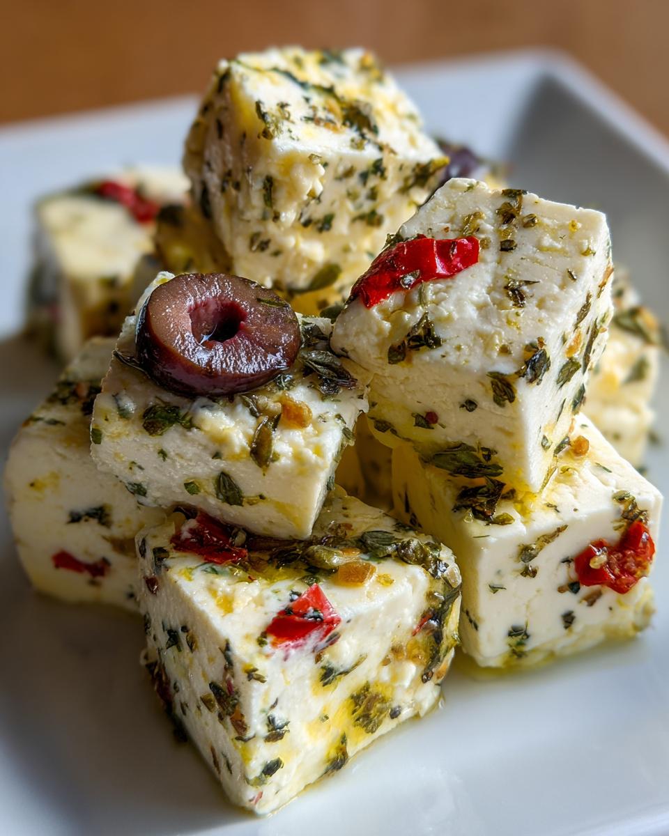Close-up of stacked cubes of marinated cheese seasoned with herbs, red peppers, and topped with a black olive slice.
