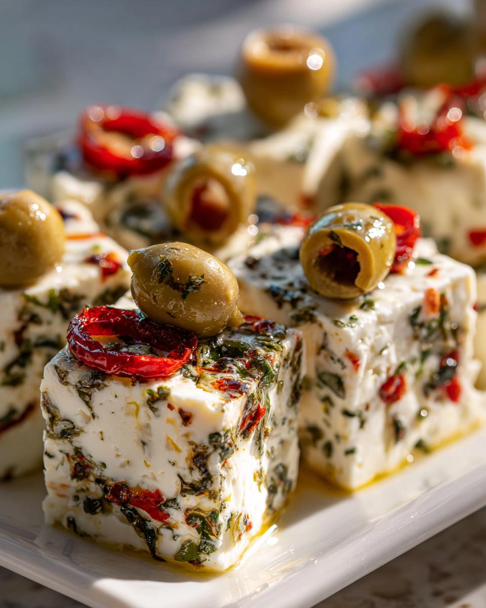 Close-up of cubes of marinated cheese heavily seasoned with herbs, topped with green olives and sun-dried tomatoes.
