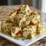 A pile of cubed marinated cheese studded with green olives, sun-dried tomatoes, and herbs, sitting in oil on a white plate.