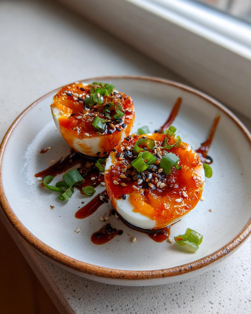 Two halves of soft-boiled marinated eggs topped with spicy chili sauce, sesame seeds, and chopped green onions.