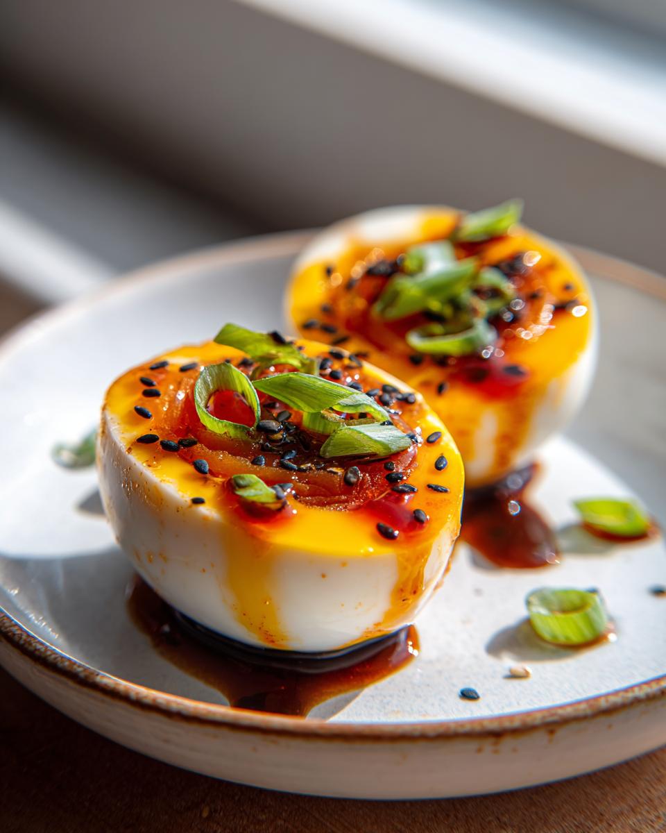 Two halves of vibrant marinated eggs topped with dark sauce, black sesame seeds, and green onions.