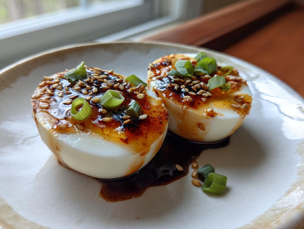 Two halves of perfectly cooked marinated eggs, drizzled with savory sauce, sesame seeds, and green onions.
