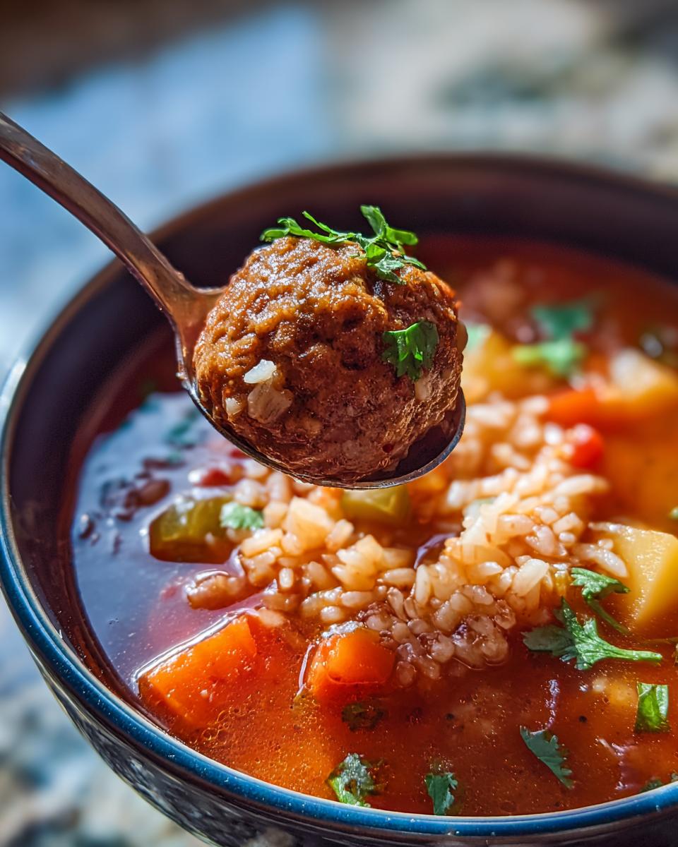 A spoonful lifts a seasoned meatball, topped with cilantro, from a rich bowl of albondigas soup containing rice and vegetables.