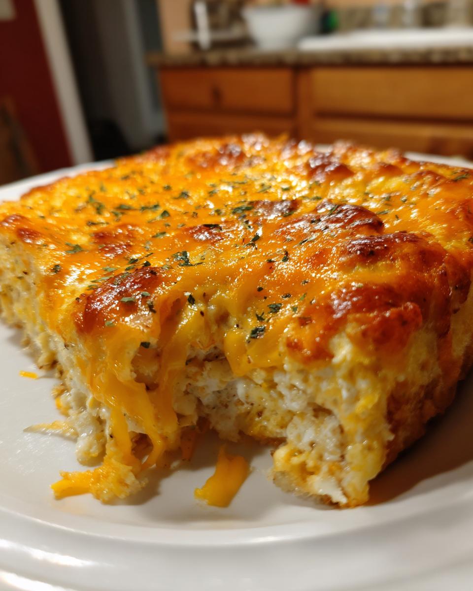 Close-up of a serving of Mexican Corn Casserole with a thick, bubbly layer of melted cheddar cheese on top.