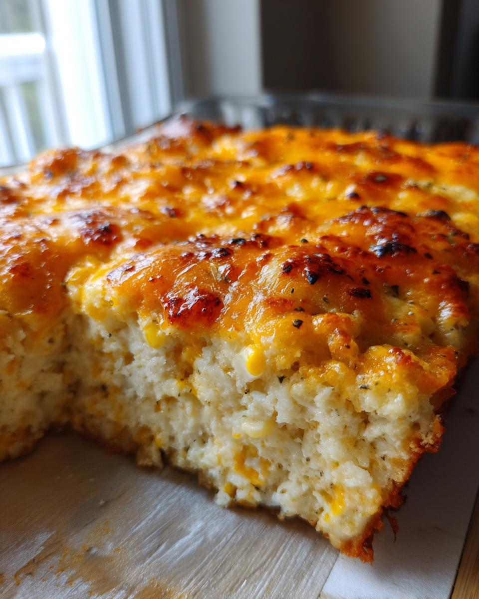 A close-up view of a portion removed from a baked Mexican corn casserole, showing the fluffy interior and a golden, bubbly cheese topping.