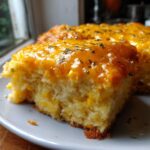 Close-up of a moist slice of Mexican corn casserole featuring visible corn kernels and a melted, glossy, cheesy topping.