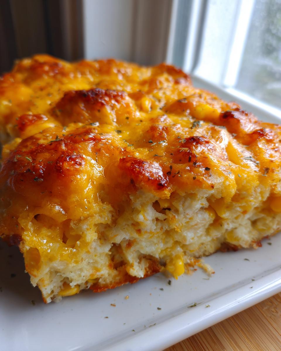 Close-up of a slice of Mexican corn casserole with a bubbly, browned cheddar cheese topping and visible corn kernels.