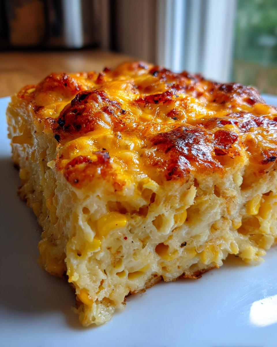 A close-up of a square serving of Mexican corn casserole, showing visible corn kernels and a bubbly, browned cheese topping.