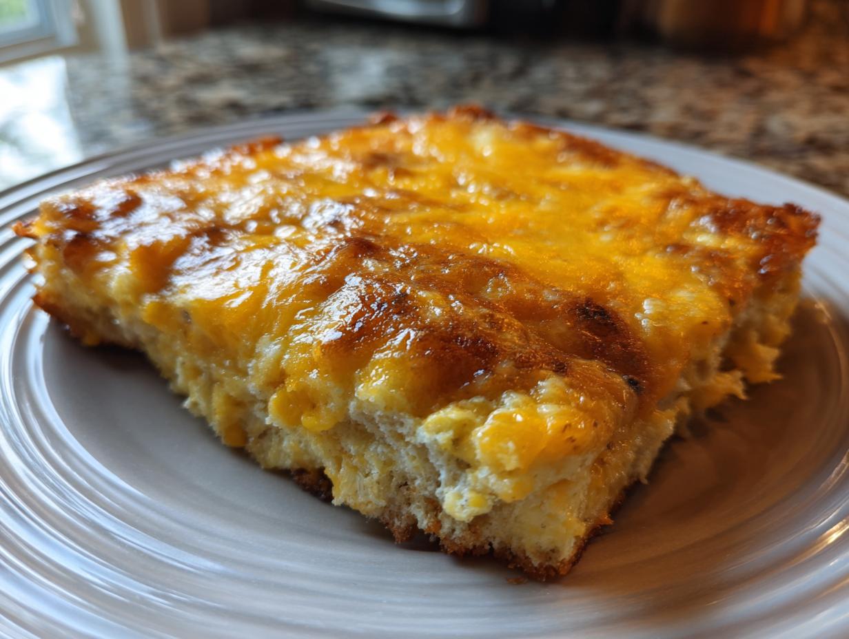 A close-up of a square serving of Mexican corn casserole topped with bubbly, melted cheddar cheese.