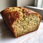 Close-up of a freshly baked loaf of banana zucchini bread showing the moist crumb and flecks of green zucchini.