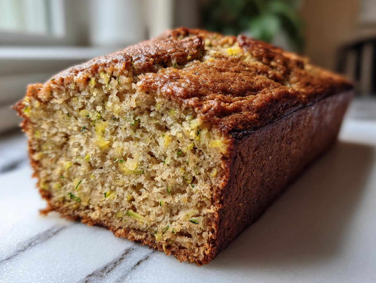 Close-up of a freshly baked loaf of banana zucchini bread showing the moist crumb texture and visible green shreds of zucchini.