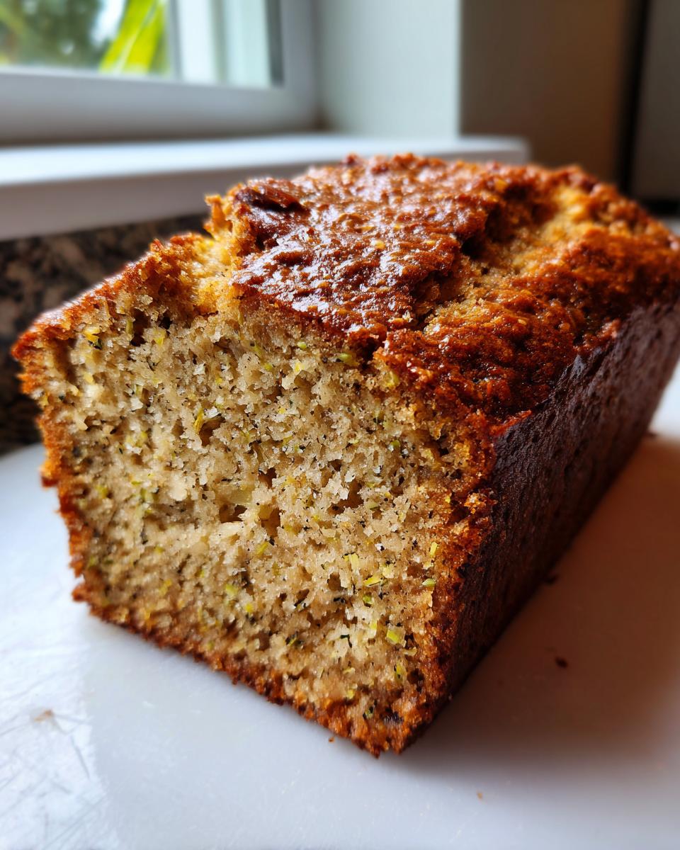 Close-up of a moist slice of homemade banana zucchini bread showing the dark, caramelized crust and flecks of green zucchini.