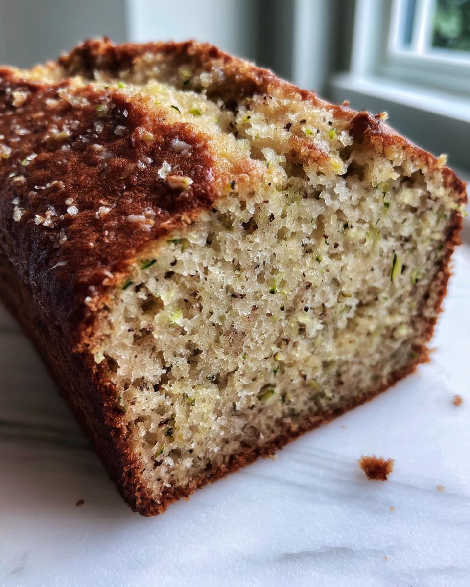 Close-up of a freshly baked banana zucchini bread loaf showing the moist crumb texture and flecks of green zucchini.