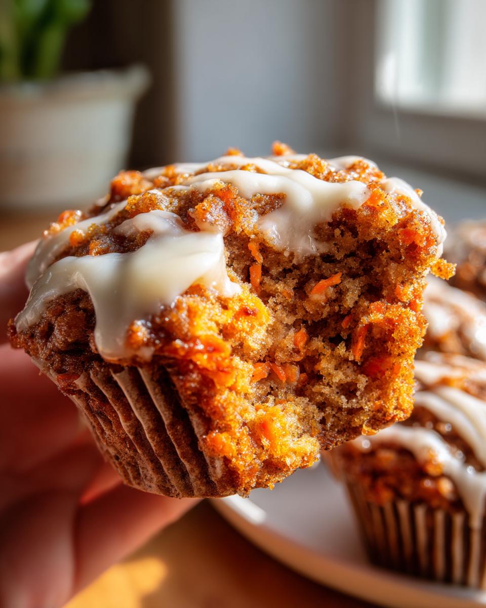 Close-up of a moist carrot cake muffins with a bite taken out, showing shredded carrots and a thick cream cheese glaze.