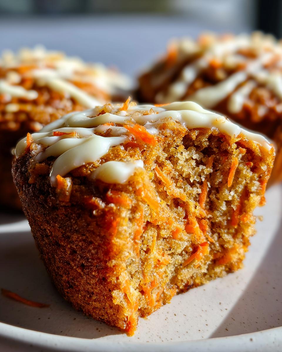 Close-up of a moist carrot cake muffin broken open, showing shredded carrots and a cream cheese drizzle topping.