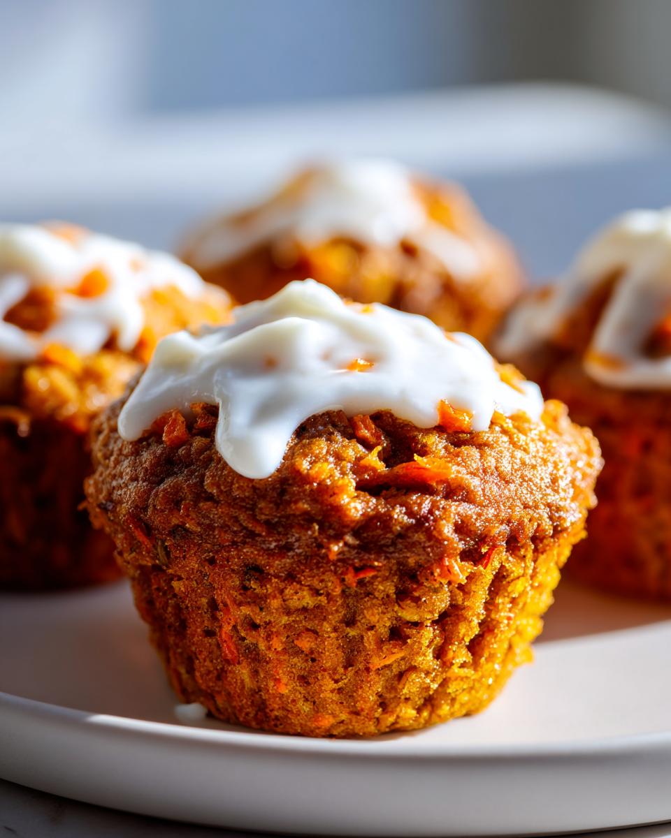 Close-up of a moist carrot cake muffin topped with thick, dripping cream cheese frosting.