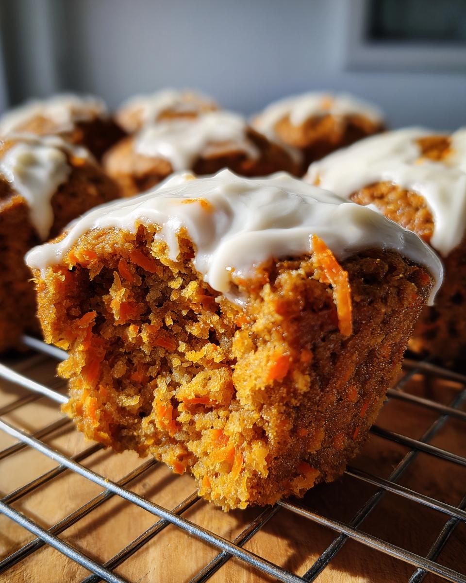 Close-up of a moist carrot cake muffin with a bite taken out, showing shredded carrots and thick cream cheese frosting.