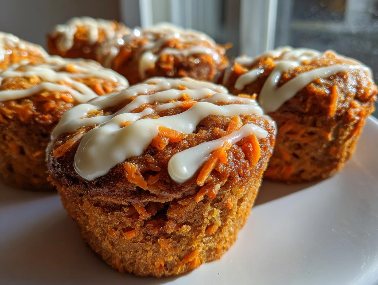 Close-up of several moist carrot cake muffins topped with a white cream cheese drizzle.