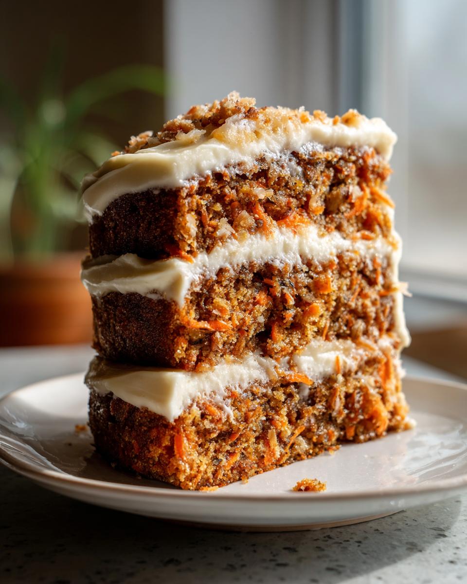 Close-up of a tall, moist slice of carrot cake recipe with thick layers of cream cheese frosting.