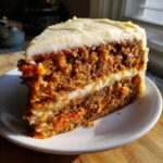 Close-up of a thick slice of moist carrot cake recipe layered with cream cheese frosting.