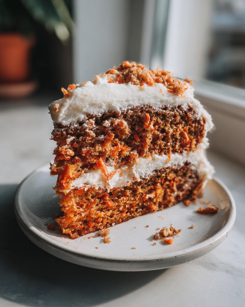 Close-up of a tall, moist slice of carrot cake recipe with thick cream cheese frosting layers.