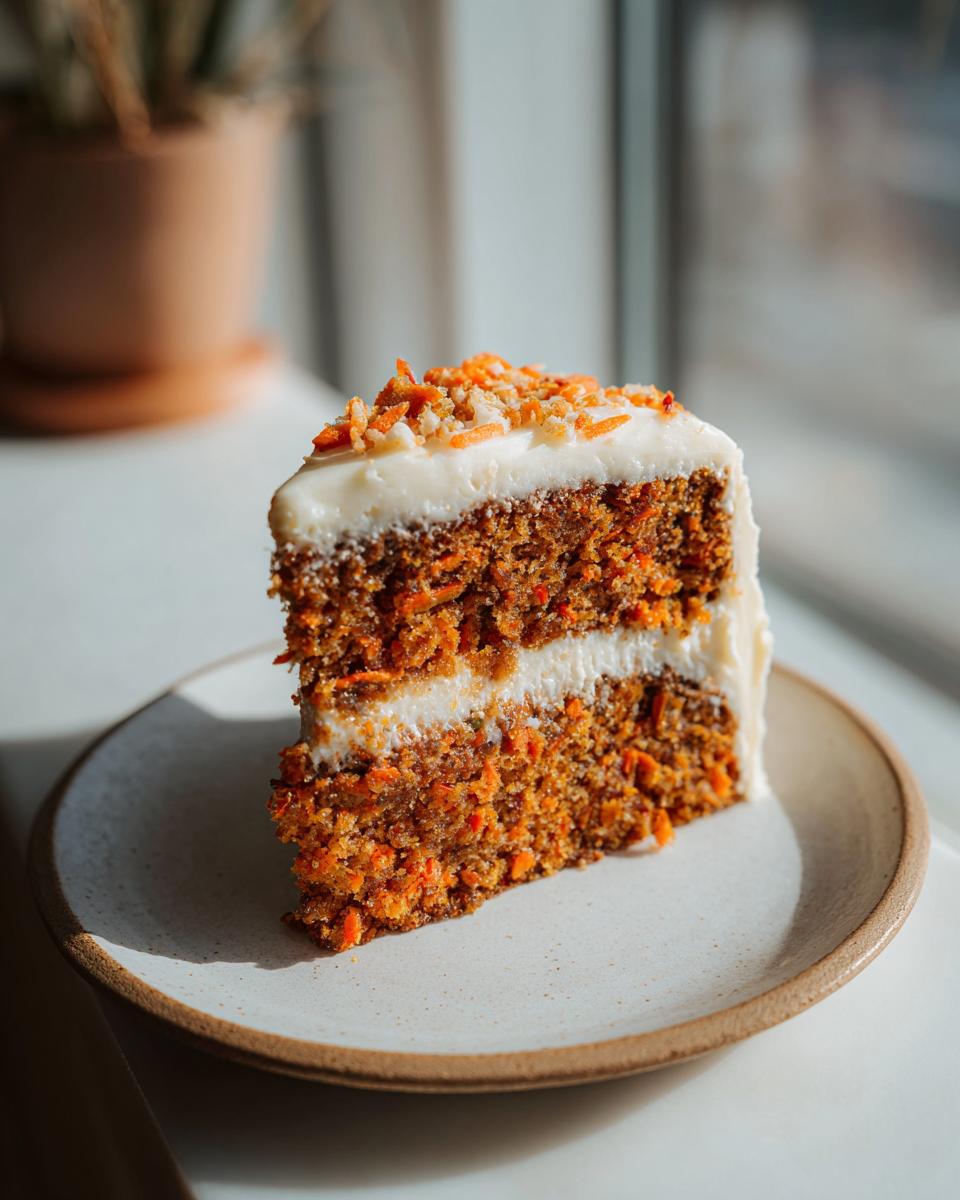 A tall slice of moist carrot cake recipe with thick cream cheese frosting and carrot sprinkles.
