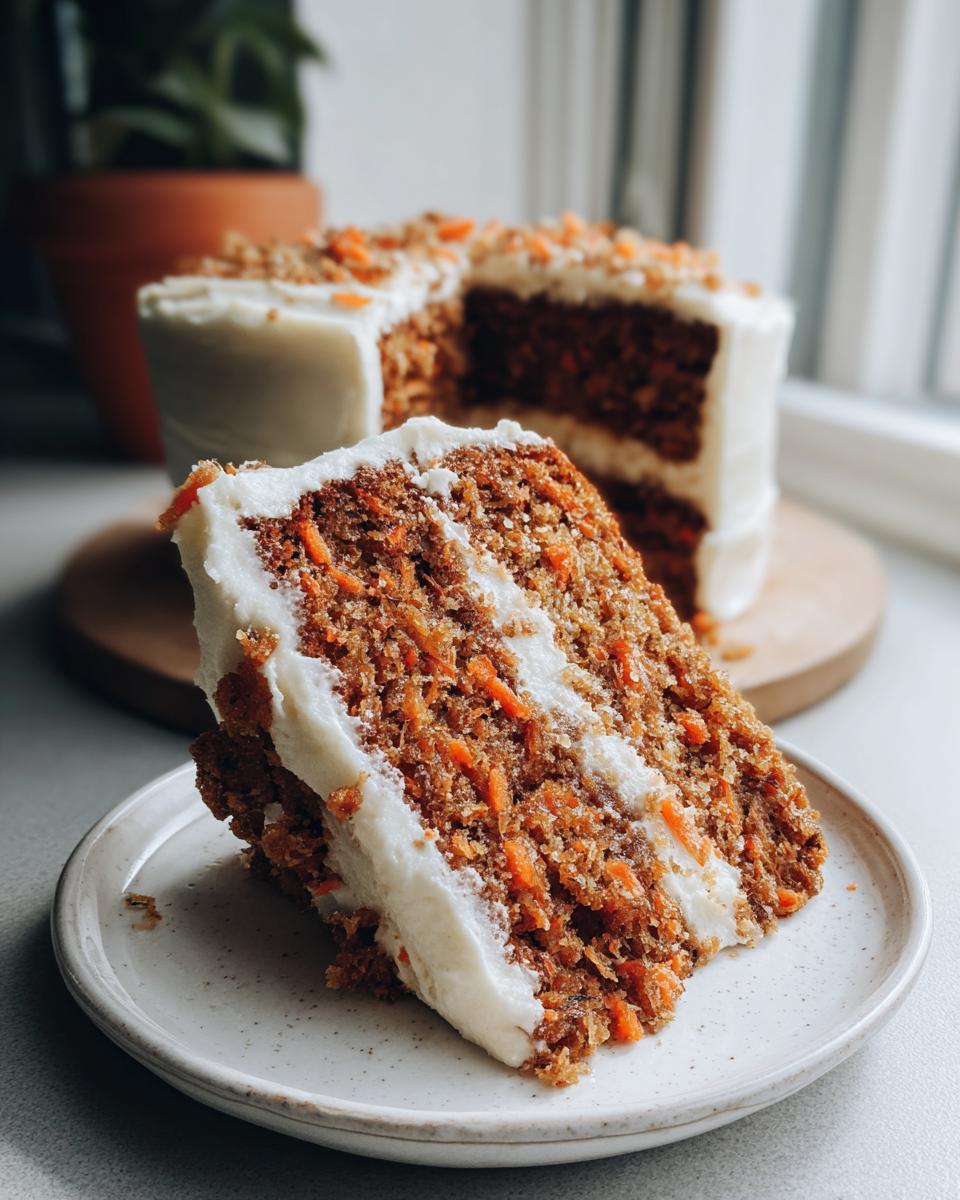 A close-up of a moist slice of carrot cake recipe with thick cream cheese frosting, set against the rest of the cake.