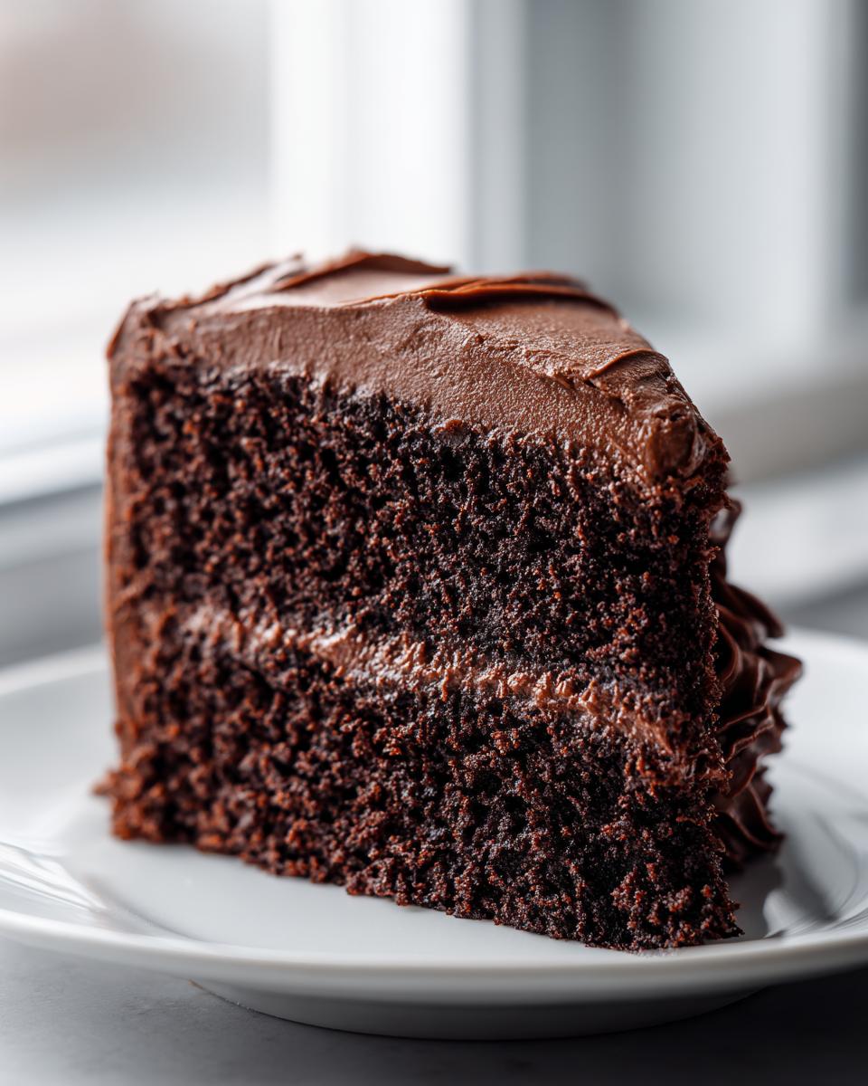 Close-up of a rich, dark slice of moist chocolate cake layered with thick chocolate frosting.