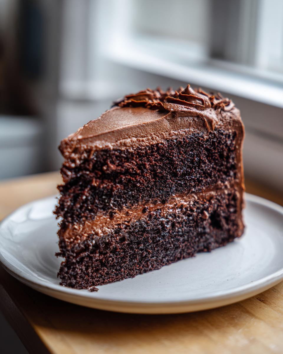 A close-up of a thick slice of moist chocolate cake layered with rich chocolate frosting.