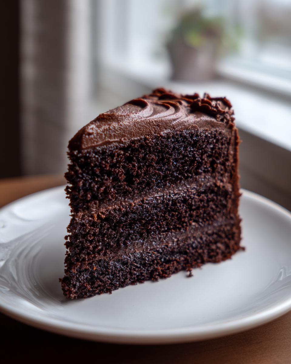 A tall, decadent slice of moist chocolate cake with three layers and thick chocolate frosting on a white plate.